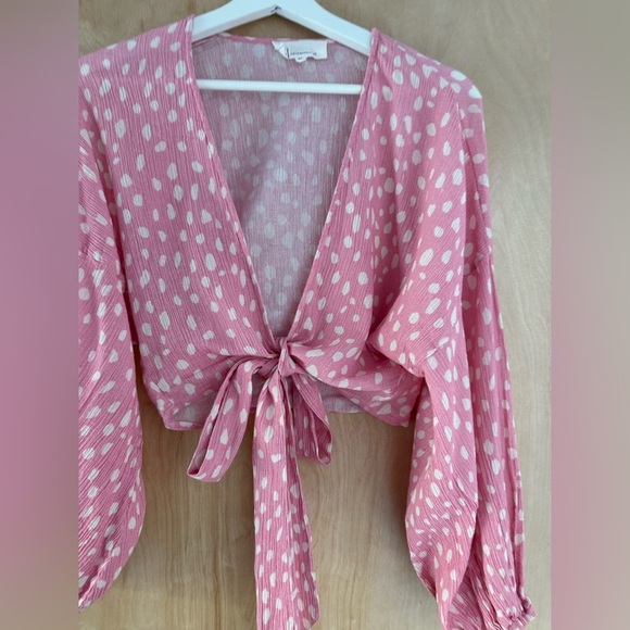 Anthropologie Pink Polka Dot Tie-Front Blouse - Picture 8 of 15